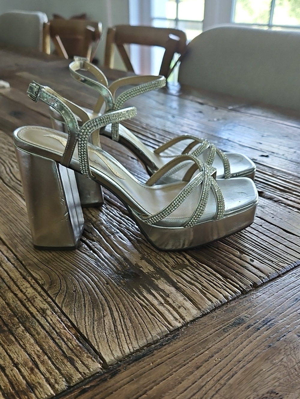Nina Size 7 Silver Metallic Platform Block Heel Sandals with Rhinestone Straps